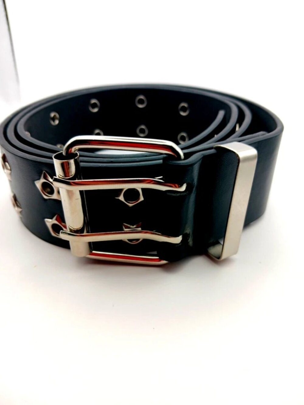Double Row Studded Black Vegan Leather Belt Waist Size 29 To 35